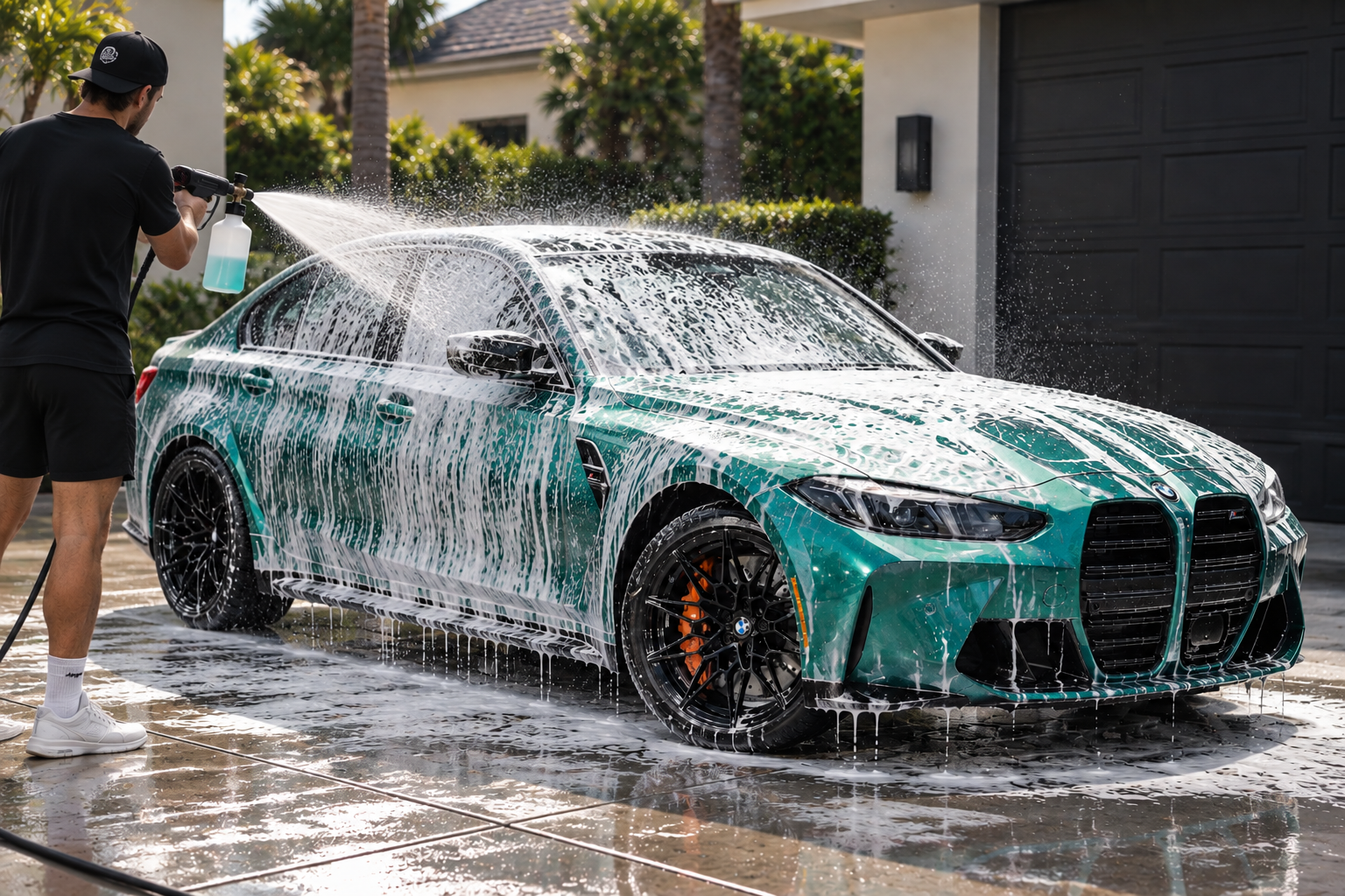 A detailer foam-cannon washing a green BMW M3 in a driveway